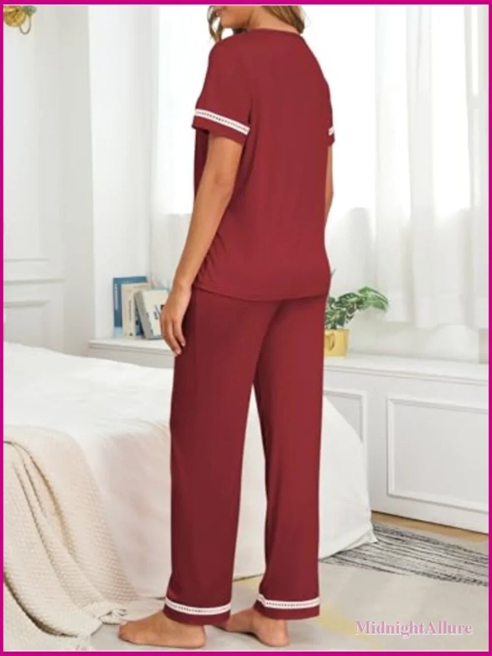 V-Neck Lace Pajama Set with Pockets, Short Sleeve & Wide Leg Pants, Sleepwear